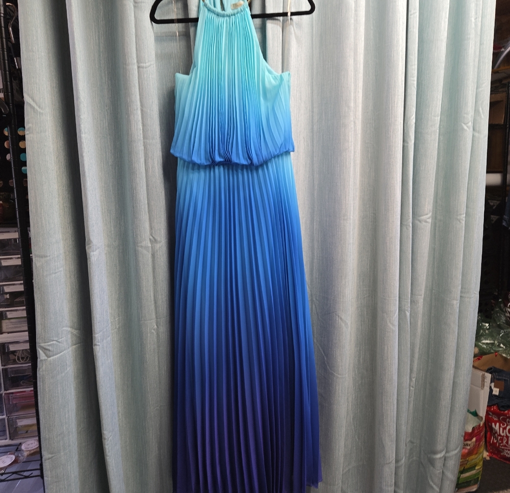 Pleated Ombre Blue Maxi Dress - Sleeveless Halter